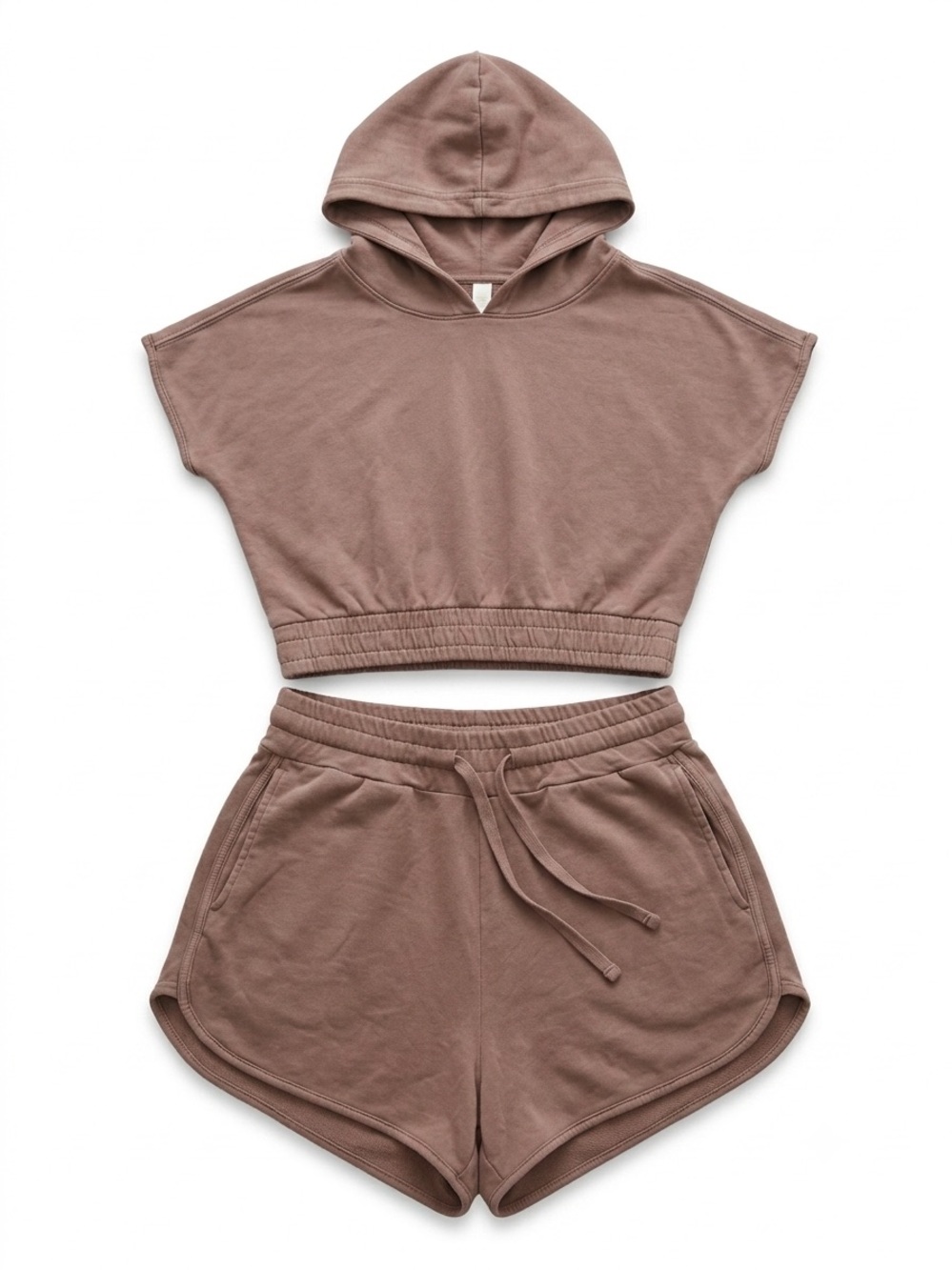 Women's Hooded Cropped Top & Shorts Set - Taupe